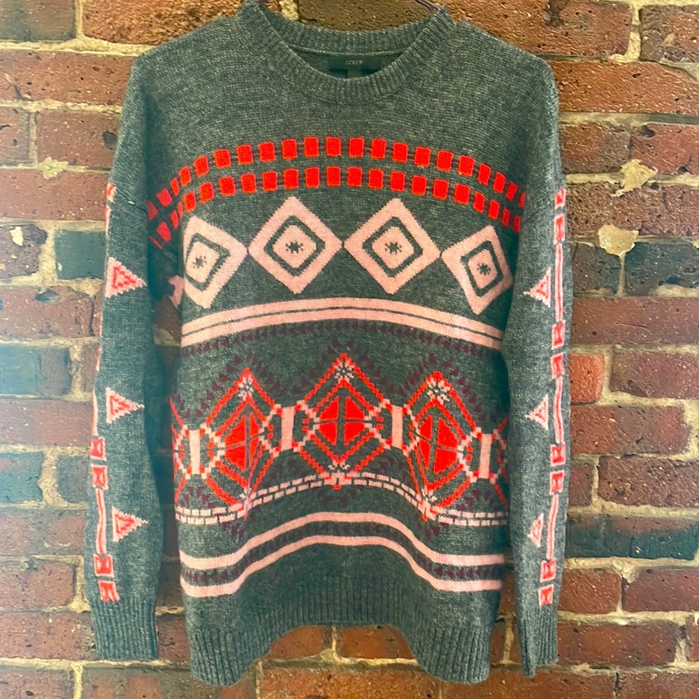 J. Crew Gray Sweater with Red and Pink Patterns